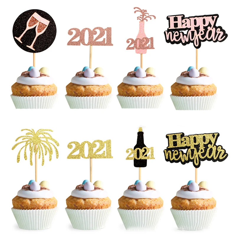 4Pcs/Bag Rose Gold Black Cupcake Topper New Year's Eve Celebration Party Cake Decoration 2021 Happy Year Decors Supplies | Дом и сад