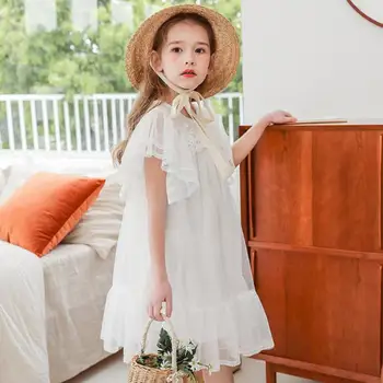 

Summer Girls Kids Children Sweet Mesh Princess Dress Delicate Lace Floral Round Neck Elegant Layered Puff Sleeve Dot Design
