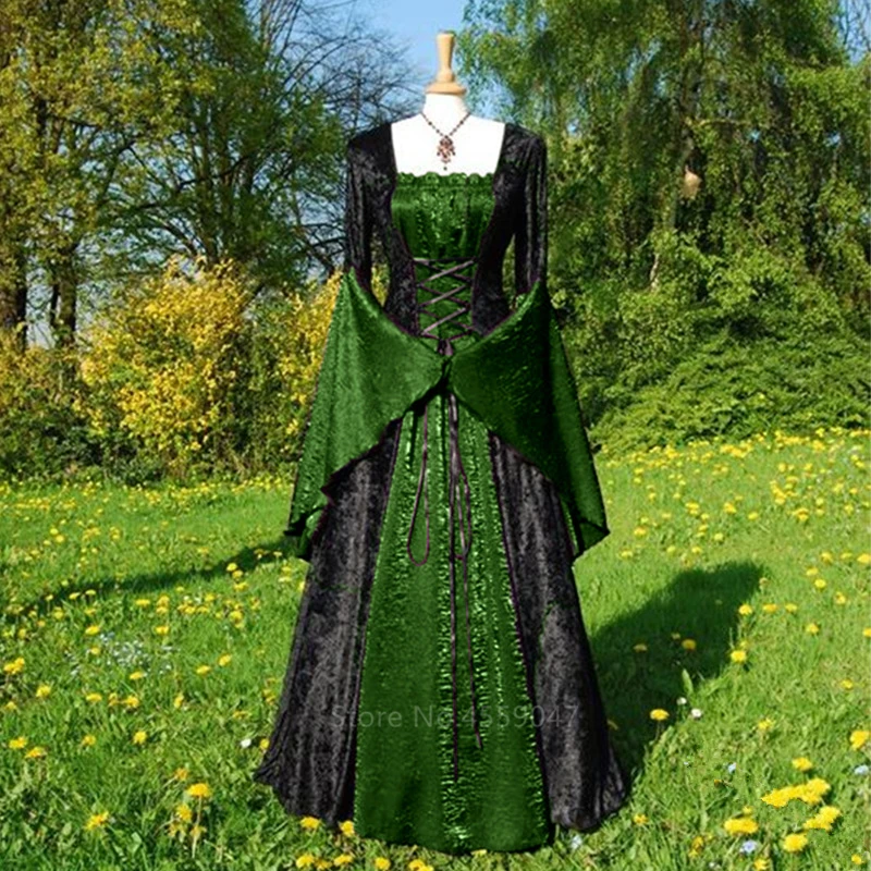 Halloween Costumes for Women Adult Medieval Cosplay Vintage Court Victoria Renaissance Dress Carnival Party Performance Clothing - Color: Green