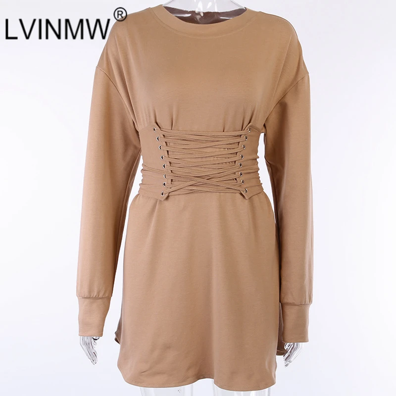 LVINMW Casual O Neck Long Sleeve With Bandage Cross Elastic Waist Dress Winter Women Slim Mini Dress Female Streetwear