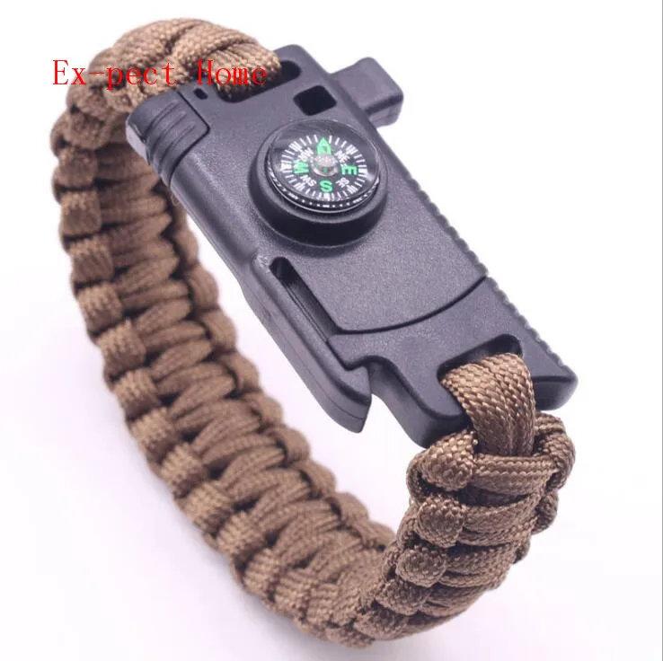 Wholesale 200pcs/lot outdoor survival compass paracord Whistle Gear Buckle Camping rescue rope escape Bracel