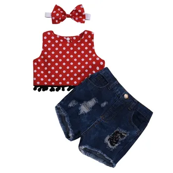 

Hot Summer Children Clothes 3pcs White Dot Red Vest +Denim Shorts +Hair Band Suit Baby Girl Clothes