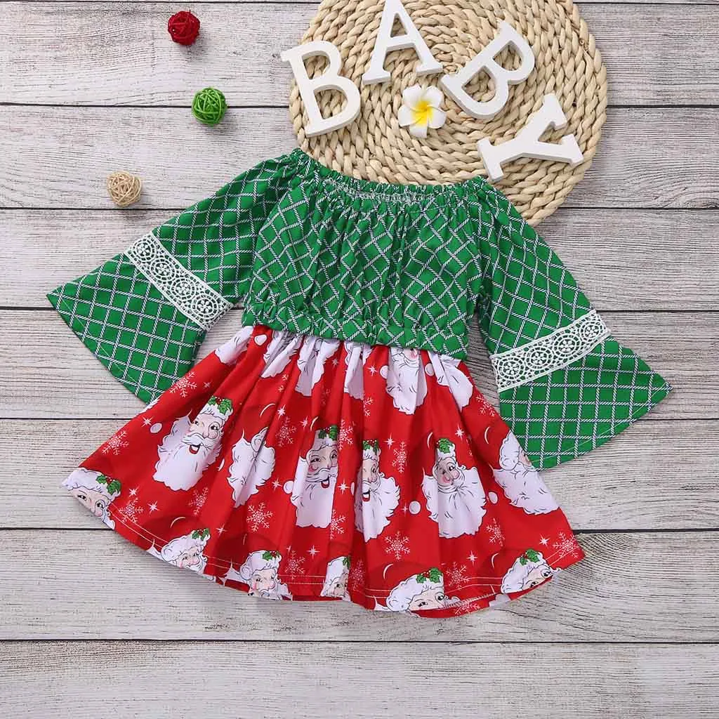 Christmas Baby Girl Dress Autumn Fashion Flare Sleeve Cartoon Santa Print Dress Clothes Free Ship vestido bebe فساتين اطفال Z4