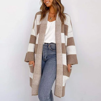

2020 Women New Long Cardigan Coat Female Knitted Patchwork Casual Long Sleeve Cardigans Feminino Mujer Autumn Winter