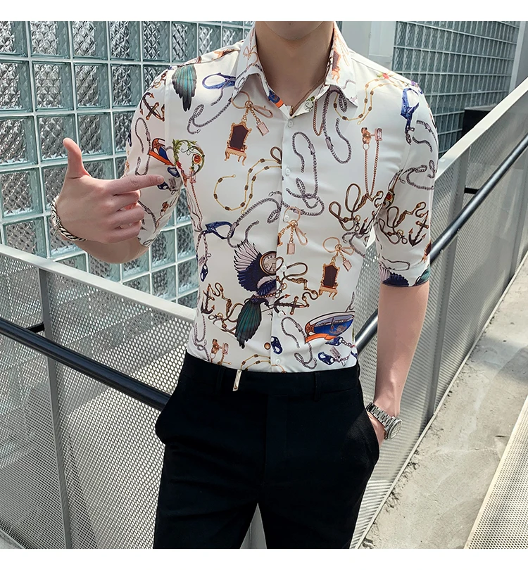 Брендовая мужская рубашка с коротким рукавом Camisa, модная повседневная приталенная рубашка, летняя Дизайнерская одежда для клубной вечеринки, выпускного вечера