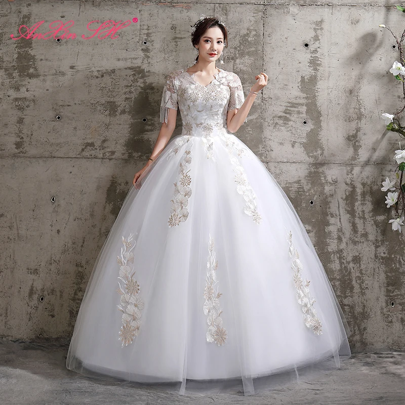 

AnXin SH princess vintage embroidery flower lace wedding dress turkey v neck short sleeve party beading crystal wedding dress