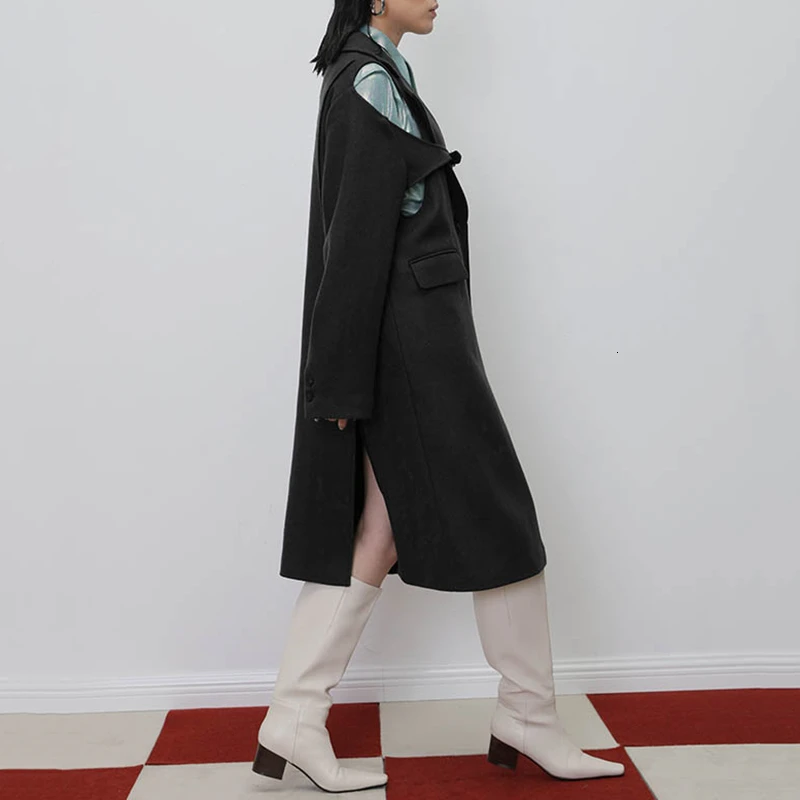 New Fashion Winter Thick Warm Lapel Hollow Out Long Sleeve Single Breasted Pockets Long Overcoat Loose Coat Women Q411