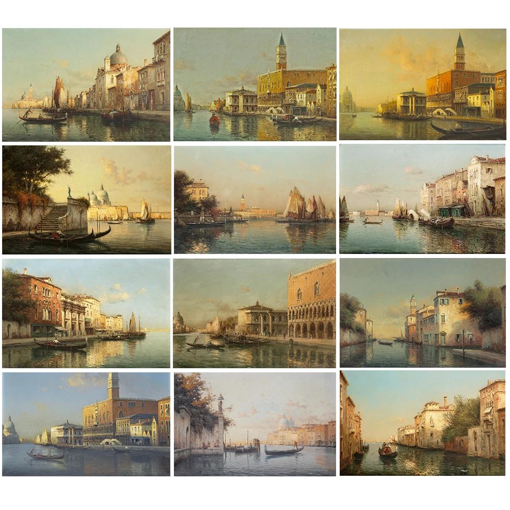 

Resorts Vintage Water Town Venice Seascape Oil Painting on Canvas Print Poster Cuadros Modern Wall Art Pictures for Living Room