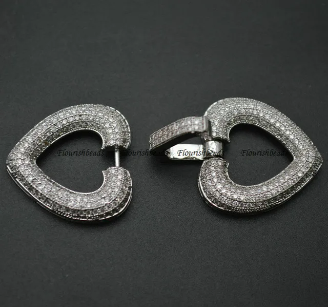 24x48mm Paved CZ Beads Double Heart Shape Necklace Clasps Fashion Jewelry Accessories 5pc per Lot Rhodium