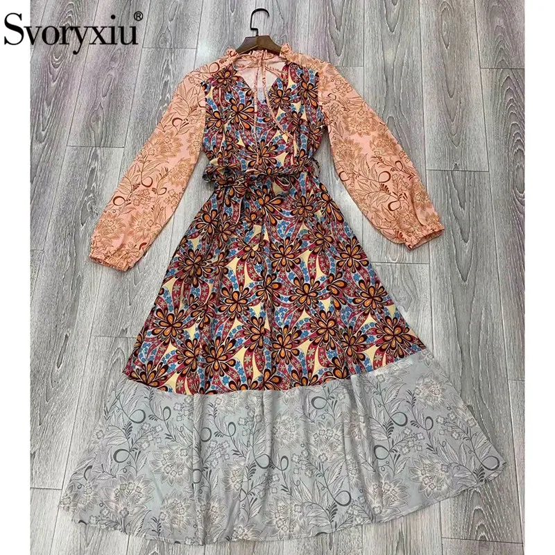 

Svoryxiu Elegant Color Matching Flower Print Dresses Women's Sexy V-Neck Lantern Sleeve Autumn Designer Casual Party Midi Dress