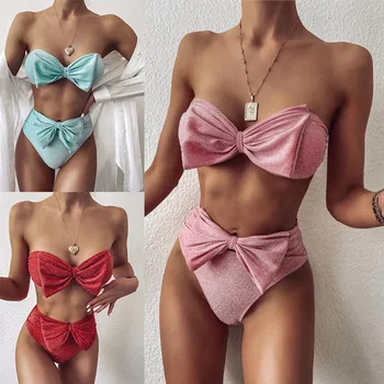

Swimwear vintage high waist bandeau push up big bow bikinis set shiny fabric bathing suit 2020 mujer new pink sky blue swimsuit