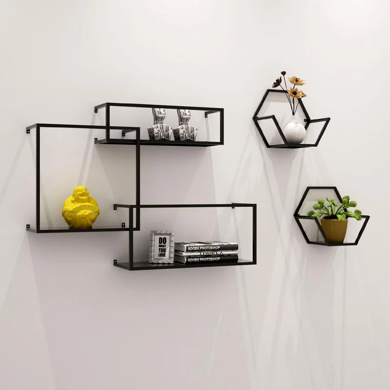 Iron Wall Storage Rack Decoration Shelf Hanger Bookshelf Potted Plant Frame Wall Decoration Wall TV Wall Decoration Black Square