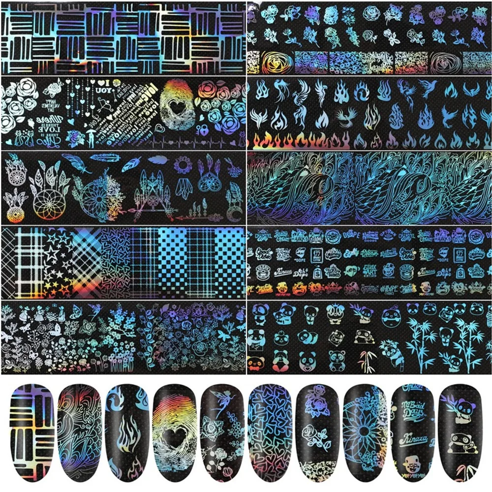 10PCS Nail Transfer Foil Holographic Flower Transfer Geometric Pattern Nails Art Sticker Laser Decals Manicure Decoration Tools - Цвет: WY103