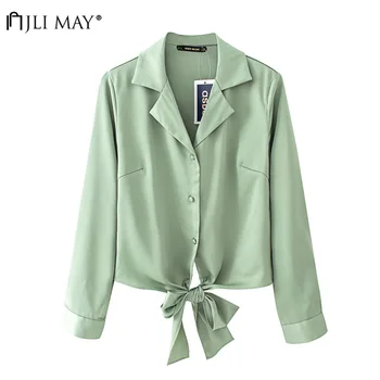 

JLI MAY Vintage Solid Shirt Women Spring Summer Elegant Notched Long Sleeve Lace-up Shirts Office Lady Casual Loose Blouses