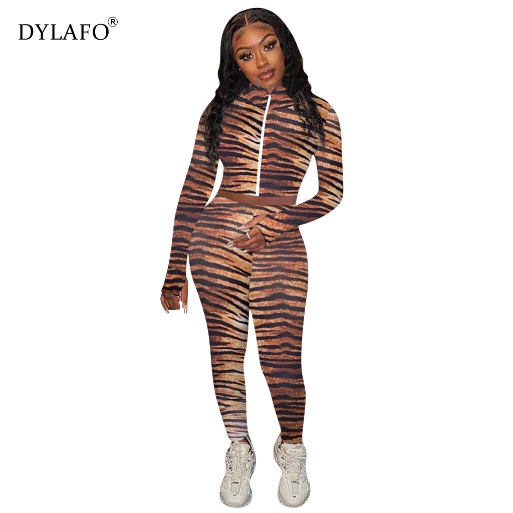 2021 Women Autumn Round Neck Tiger Print Sweatshirt Pant Sportwear Tracksuit Women's clothing спортивный костюм жен костюм спортивный альфа пудра р 52