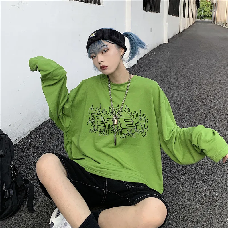 Lychee Harajuku, чистый цвет, длинный рукав, женская футболка, пламя, буквенный принт, осень, женская футболка, свободная, зеленая, женская футболка