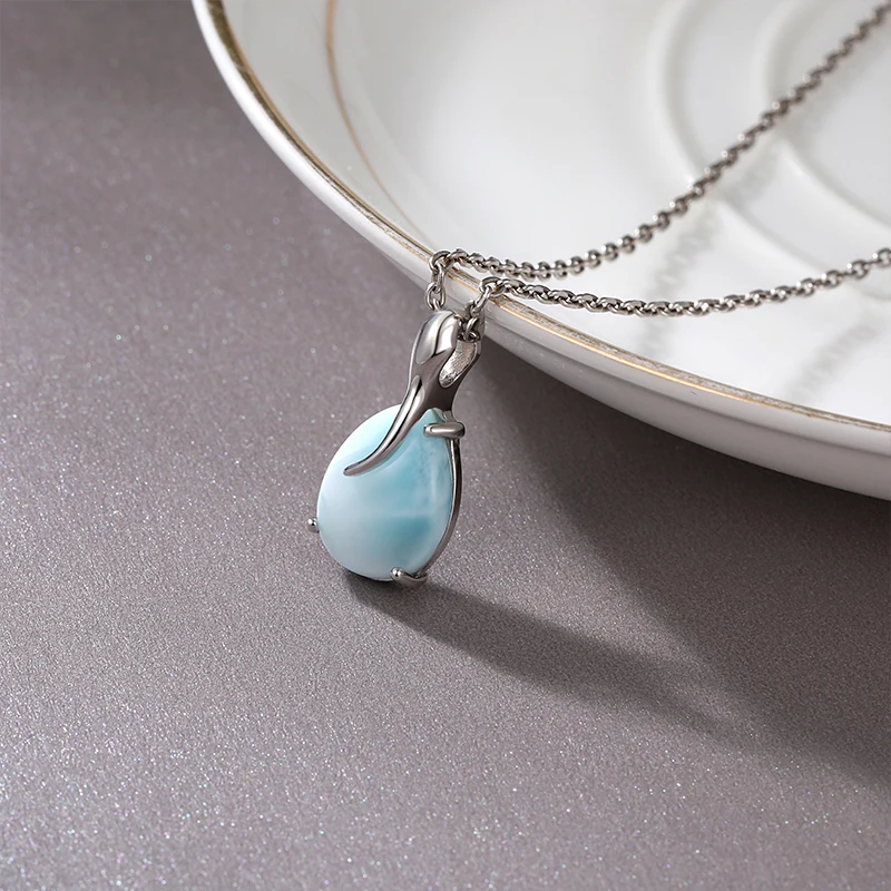 Plated Gold 925 Sterling Silver Jewelry Gifts Classic Pendant Necklace Natural Precious Larimar Retro Woman Oval Charm pendant necklace silver necklace