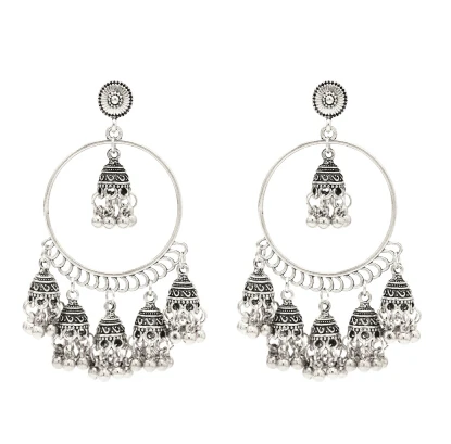 Окисленный цвет серебристый, золотой ручной работы большой Jhumka Jhumki серьги с клетка для девочек Индии Бали Болливуда афганских ювелирные изделия из египта - Окраска металла: Silver Metal