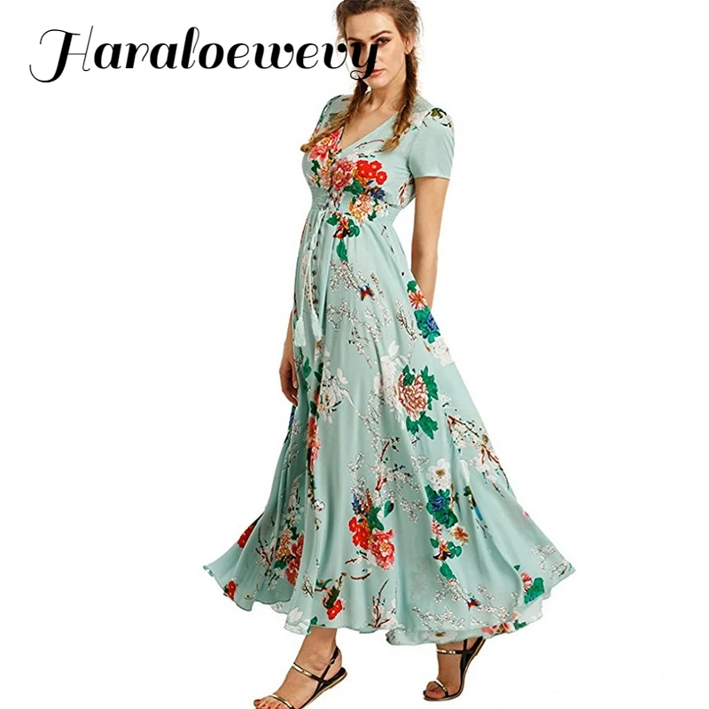 2019 женские платья летнее богемное макси платье Vestidos раскол цветочный принт