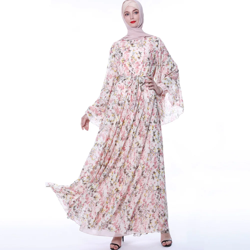 

2019 Fashion Floral-Print Chiffon Large Bell Sleeve Dress Retro A- line Slim Fit Muslim Women's Abaya Dress
