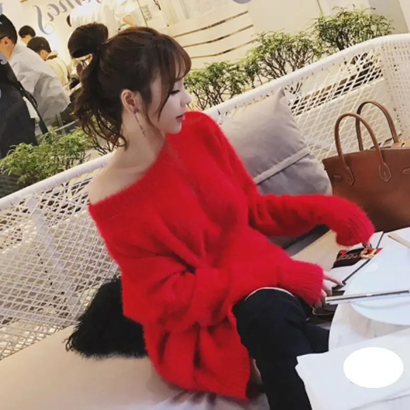 2019 autumn winter wear new Slash neck mohair sweater women's pullovers loose mink cashmere knitted  keep warm sweater jacket