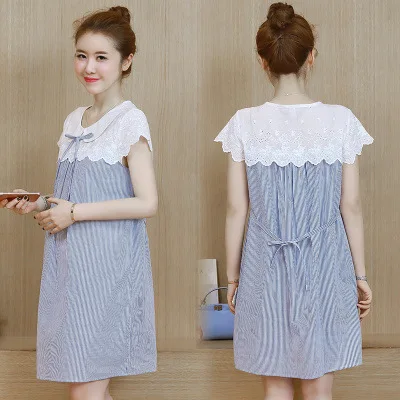 

Maternity Clothes 2019 Summer New Style Korean-style Fashion Lace-up Joint Stripes Hipster Peter Pan Collar Pregnant Women Dress
