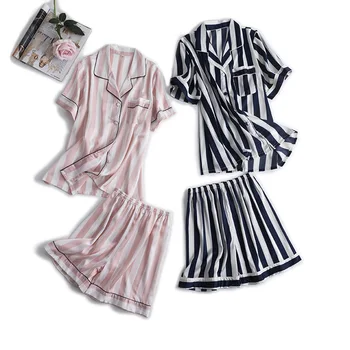 

Women Sleepwear 2PCS Shirt&Shorts Casual Satin Striped Pajamas Suit Homewear Silky Sleep Set Pijamas Nightwear Bathrobe