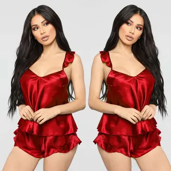 Ruffled Solid Satin Silk Sleepwear