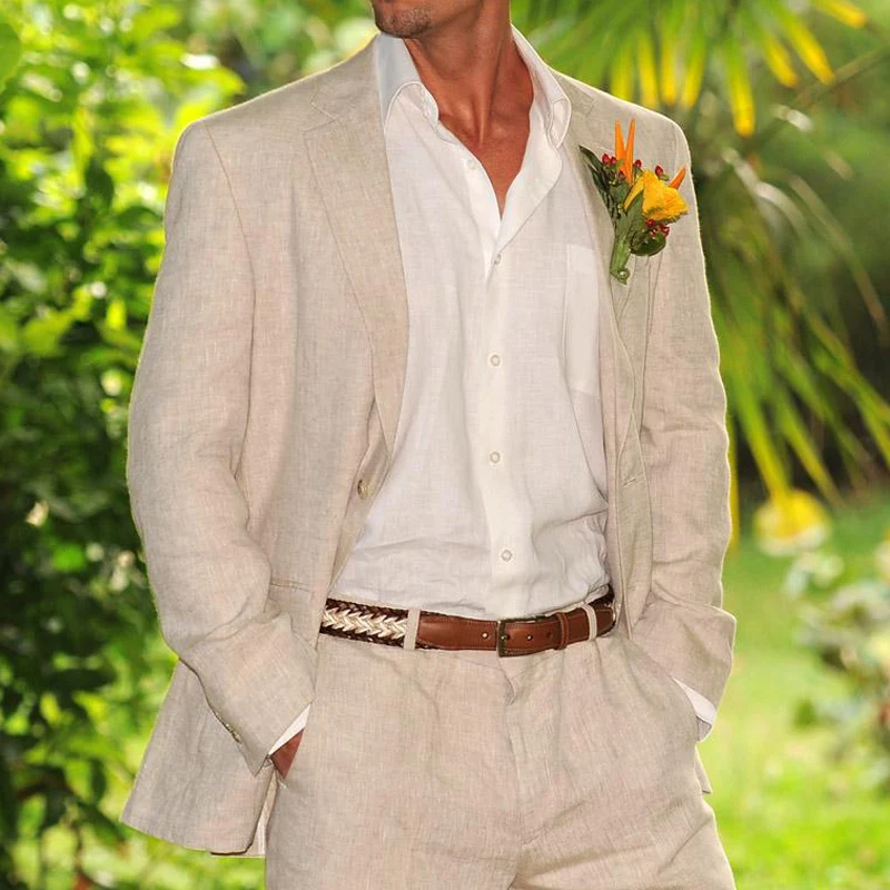 Abiti da uomo in lino Beige per matrimonio estivo da spiaggia 2 pezzi  giacca stile americano con pantaloni smoking da sposo su misura moda  maschile|Suits| - AliExpress