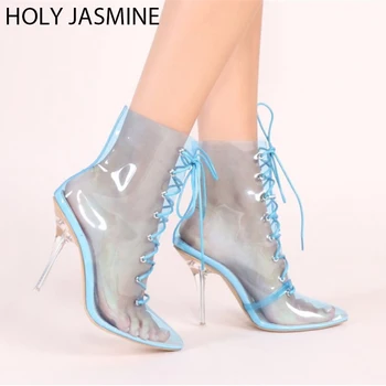 

2020 Spring/Summer New PVC Transparent Boots Pointed Toe Crystal Heel Shoes Stilettos Mujer Lace-Up Women Boots Spring/Summer