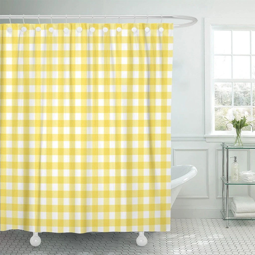 Cortina de ducha Vintage con diseño de vichy, tela de poliéster impermeable con ganchos, color amarillo Pastel, blanco 60x72 pulgadas|Cortinas de ducha| - AliExpress