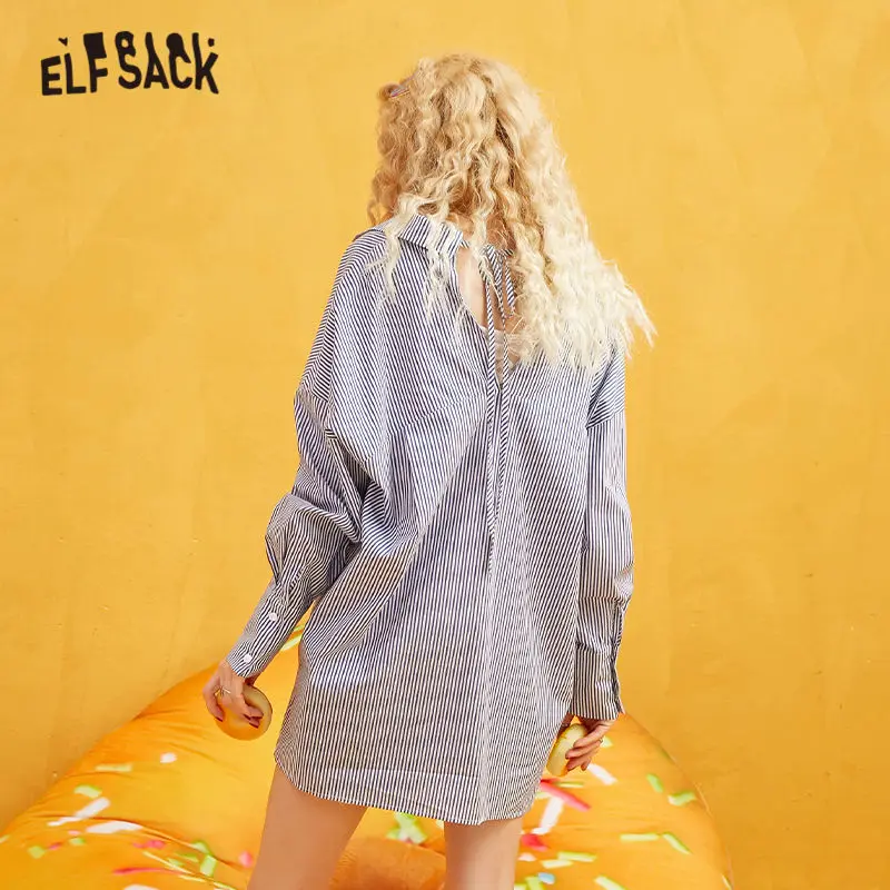 ELFSACK, белые, одноцветные, на шнуровке, сексуальные женские рубашки, осень, темно-синие, в полоску, с длинным рукавом, повседневные женские топы