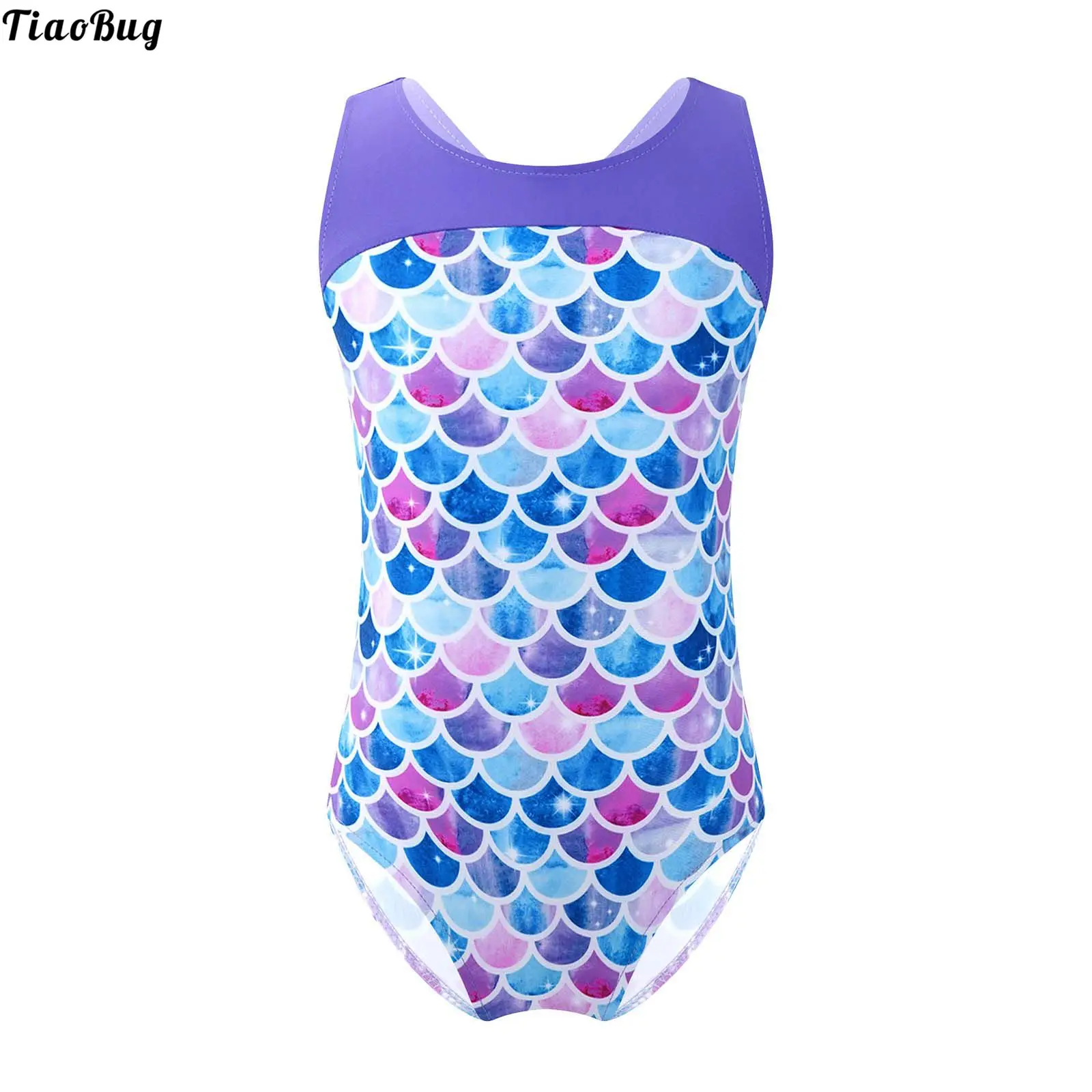 TiaoBug Summer Kids Girls One-Piece Print Swimsuit Round Neck Sleeveless Bathing Beach Swimming Pool Dance Gymnastics Leotard