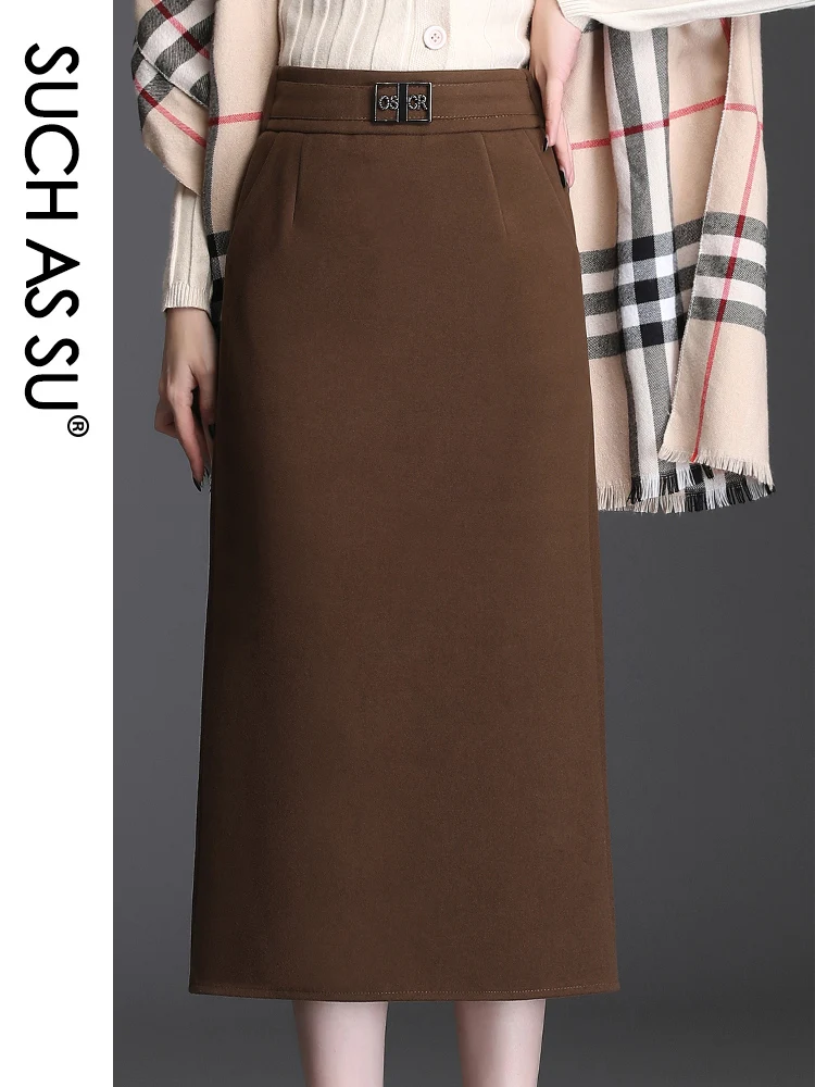 

SUCH AS SU Skirts Womens 2020 Autumn Winter Wool Black Brown Mid-Calf High Waist Sexy Split Plus Size Female Pencil Skirt 97116
