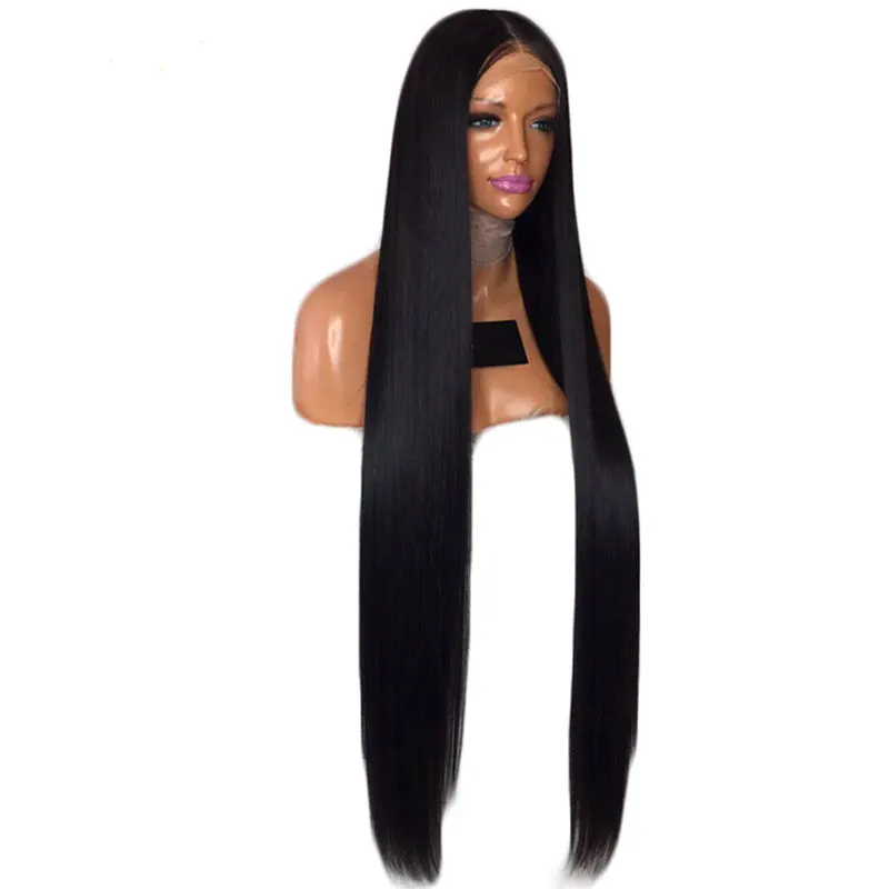 Bombshell черный длинный шелковистый прямой синтетический парик с кружевом спереди Термостойкое волокно натуральный волос средний пробор для женщин парики