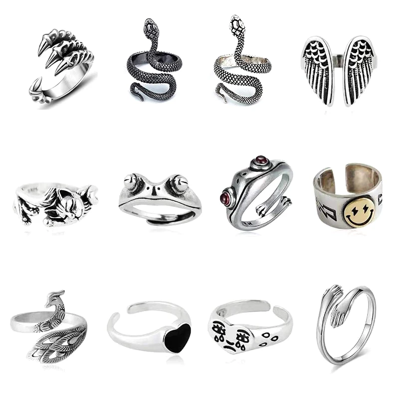 12 Pcs Frog Rings Set Cute Animal Open Pack Vintage Goth Hippie Matching and Stylish Snake Hug Cat | Украшения и аксессуары