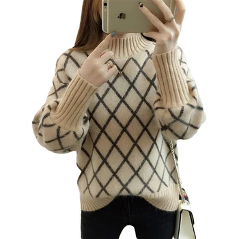 

QRWR 2020 Women Sweater Fashion Winter Casual Vintage Turtleneck Knitted Pullovers Loose Lantern Sleeve Argyle Sweater Women