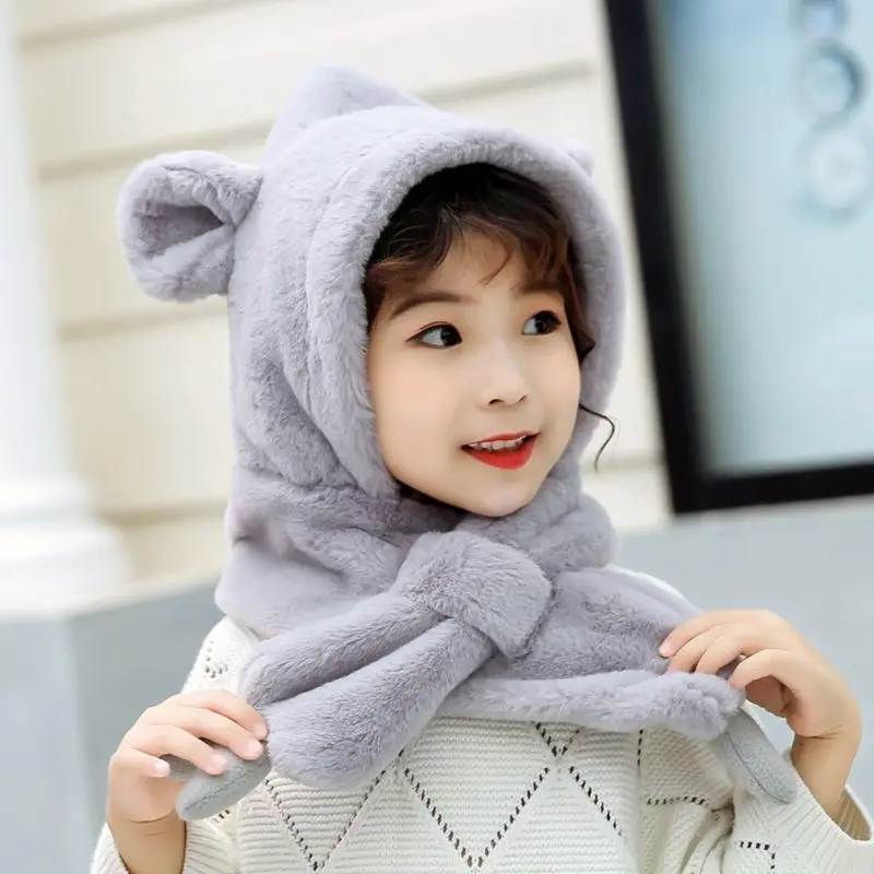 Kids Baby Cartoon Scarf with Claw Cute Bear Image Pattern Plush Hoodie Earflap