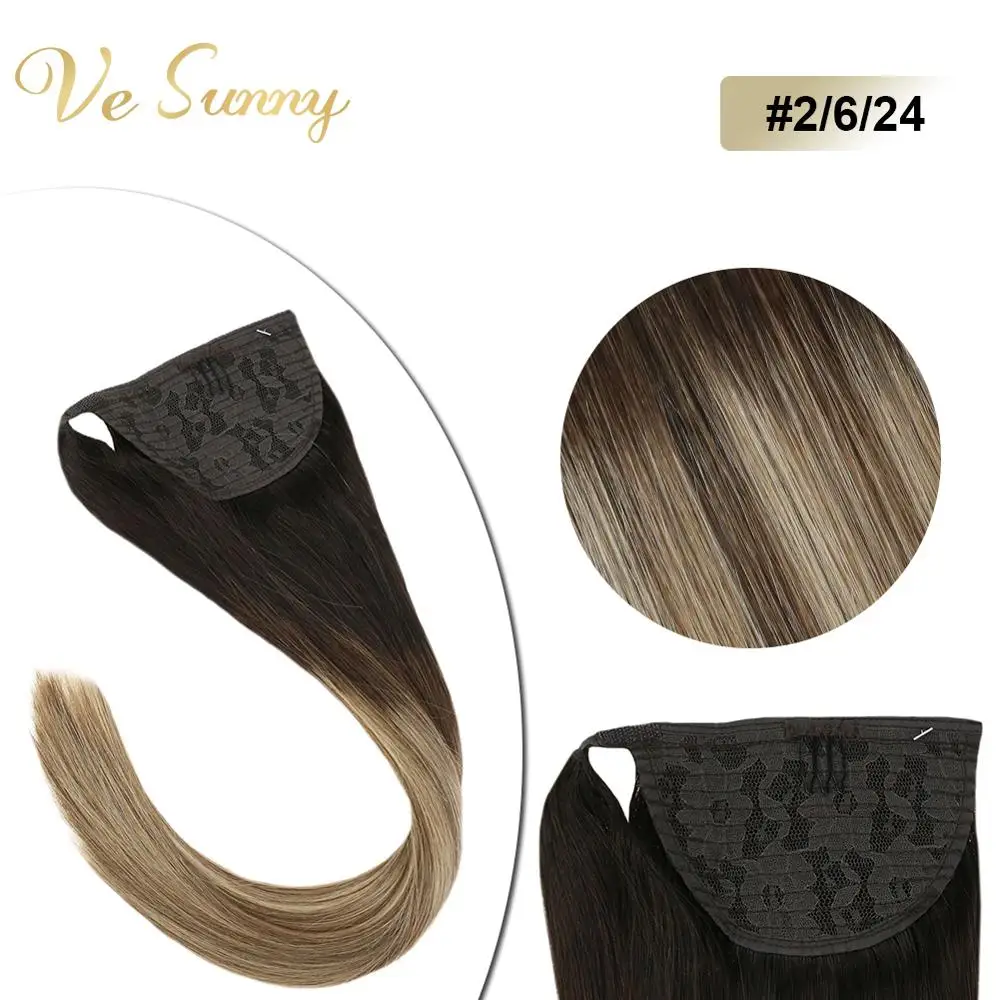

VeSunny Ponytail Extensions Wrap Around Magic Tape 100% Human Hair Balayage Brown and Blonde #2/6/24