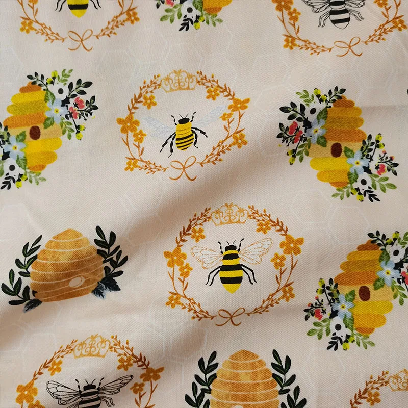 Beautiful Garden View 100%Cotton Fabric Fashion Yellow Flower Bee Printing Cloth For DIY Sewing Baby's Dress Clothing