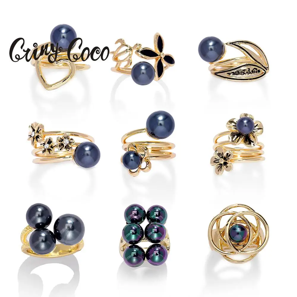 Finger Ring Women Black Pearl Hawaiian Frangipani Heart Turtle with Pearls