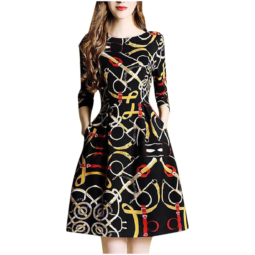 

Iron Chain Printing Vintage Retro Robe Women Dress Fashion Elegant O-Neck Knee Length Half Sleeve Sundress Femme vestidos