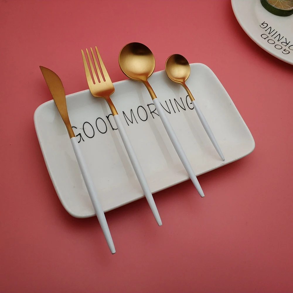 Hot Sale Small Size fourchettes couteaux cuilleres silverware stainless steel White Gold cutlery fork spoon knife dining set - Цвет: 4pcs
