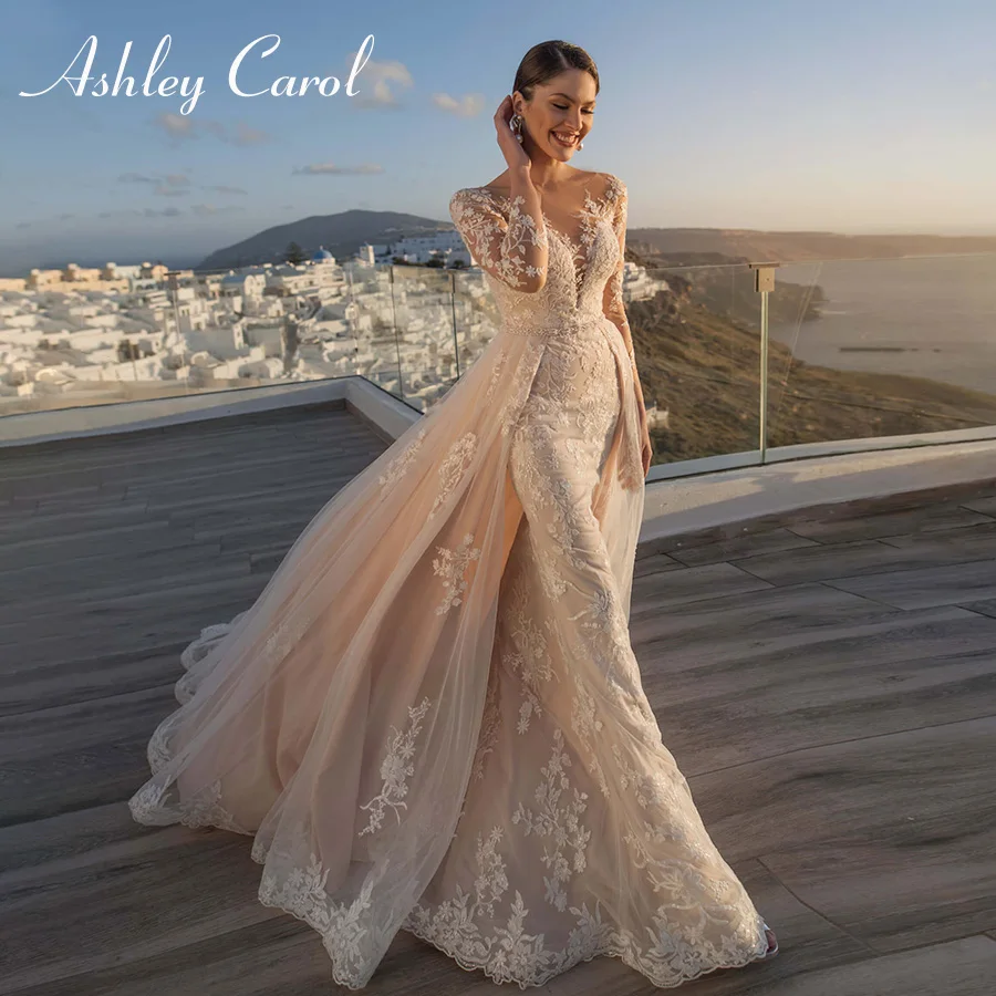 Vestido de novia de sirena Ashley Carol, tren desmontable, fajas