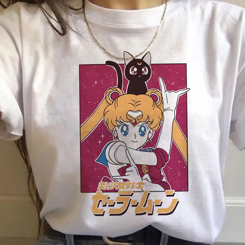 white Футболка 90 s, Модный Графический Топ, женская футболка, Сейлор Мун, Харадзюку, каваи, аниме, женская футболка, Ullzang, забавная мультяшная футболка, милый кот - Цвет: white