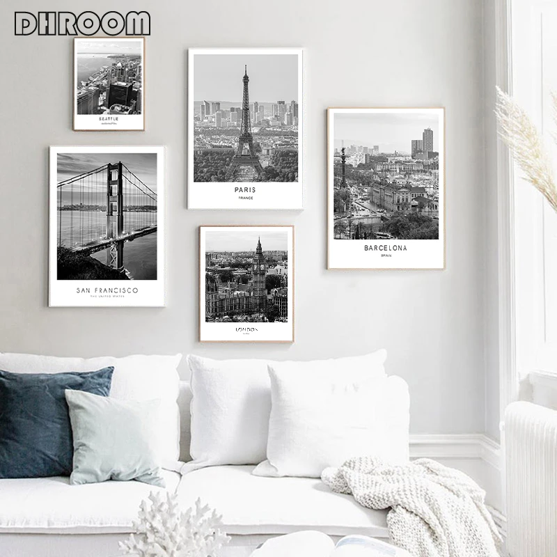 Nero Bianco Tela Pittura Mondo Città Paesaggio Parigi Londra New York Poster Stampe Stile nordico Immagine di arte della parete Decorazioni per la casa - immagine 2