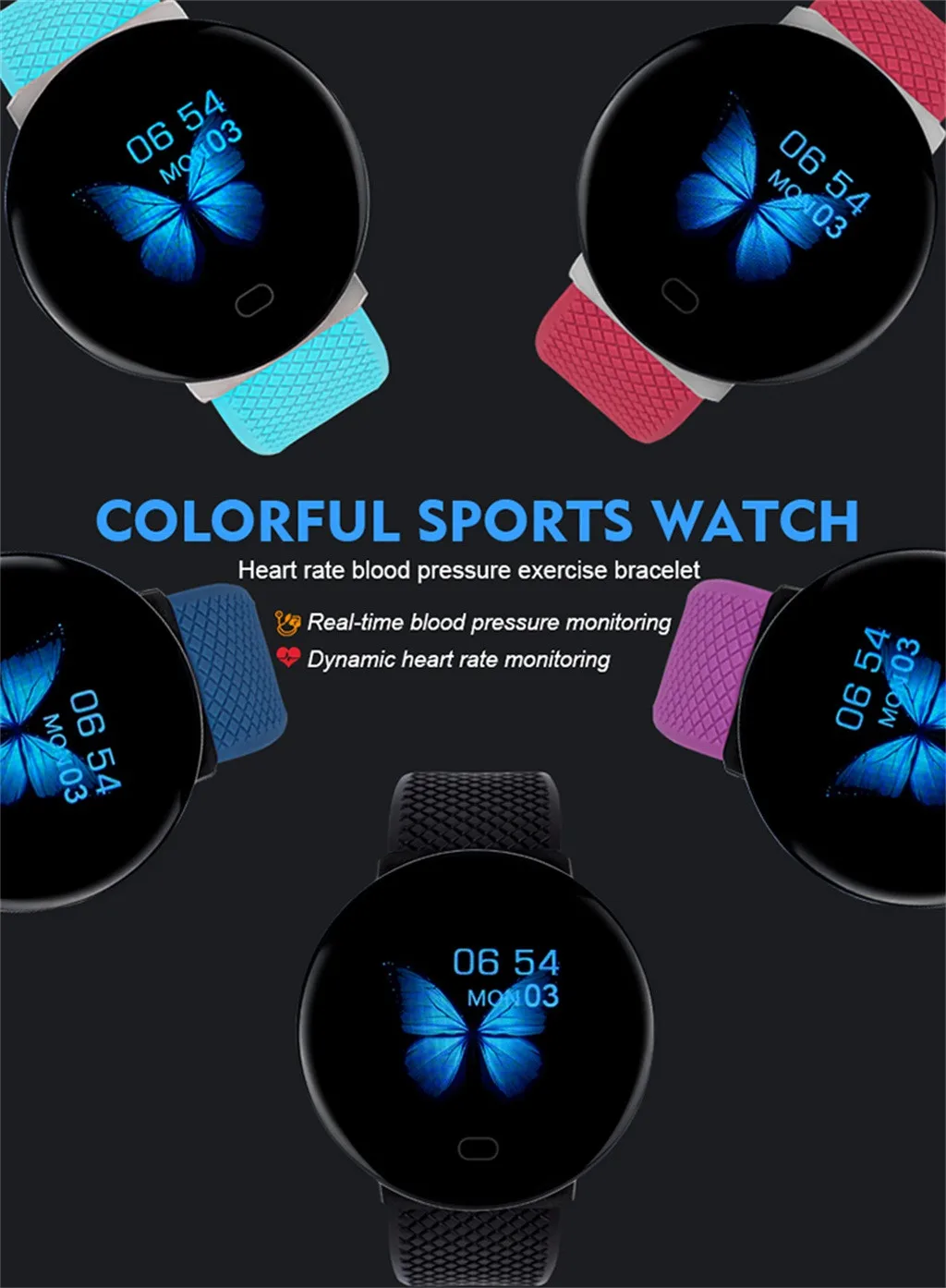 D19 Smart Watch Women Men Smartwatch Quality IP65 Waterproof Blood Pressure Heart Rate FitnessTracker sports 20J24 | Электроника