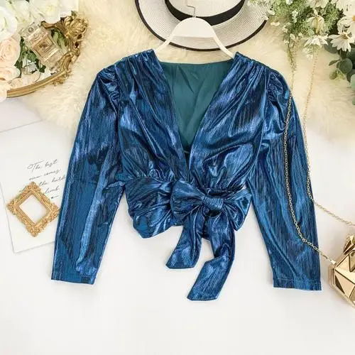blue Осень Женские Fil-Lumiere Drawstring Bowknot короткая рубашка городские Женские однотонные Chinlon рубашки с длинными рукавами рубашки костюмы - Цвет: blue