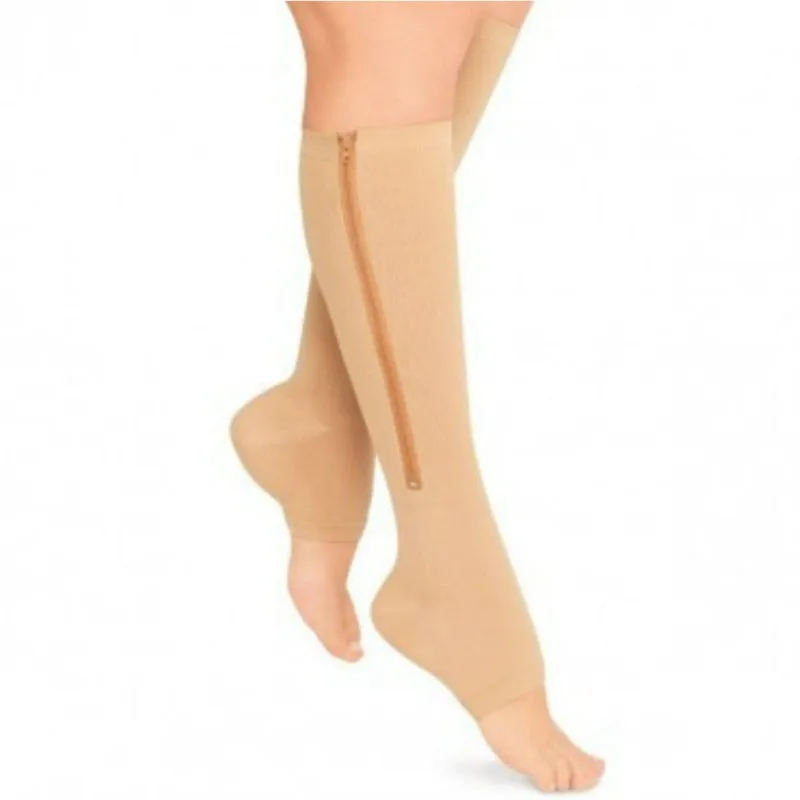 Женские Мужские компрессионные чулки на молнии, поддерживающий ногу колено, Sox, с открытым носком, S/M/L/XL