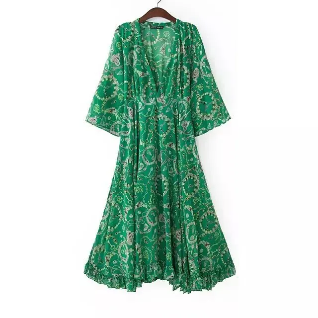 BacklakeGirls/Летняя одежда, сексуальное зеленое вечернее платье с v-образным вырезом и рукавом 3/4, с цветочным принтом, Длинные торжественные платья, Vestido Elegante